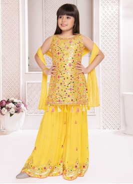 Yellow Embroidered Palazzo Top Set In Chiffon Fabric