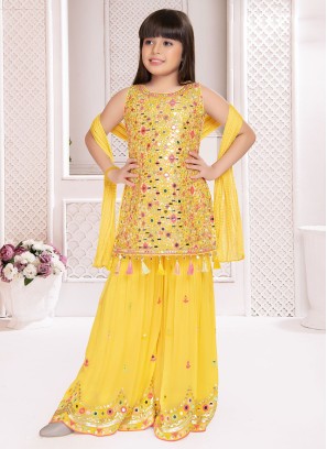 Yellow Embroidered Palazzo Top Set In Chiffon Fabric