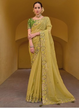 Yellow Embroidered Wedding Wear Saree