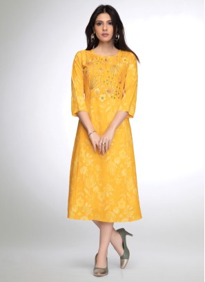 Yellow Fancy Printed Kurti For Women