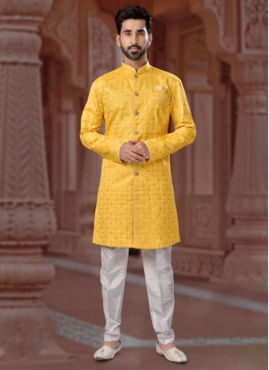 Yellow Festive Wear Sequins Embroidered Indowestern Set