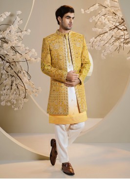 Yellow Indowestern Set With Embroidered Detail