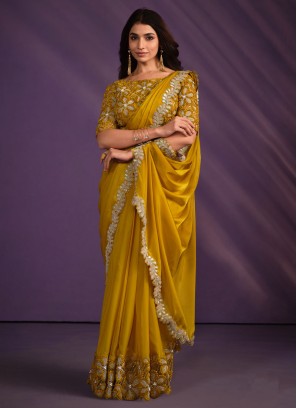 Yellow Sequins Embroidered Partywear Saree