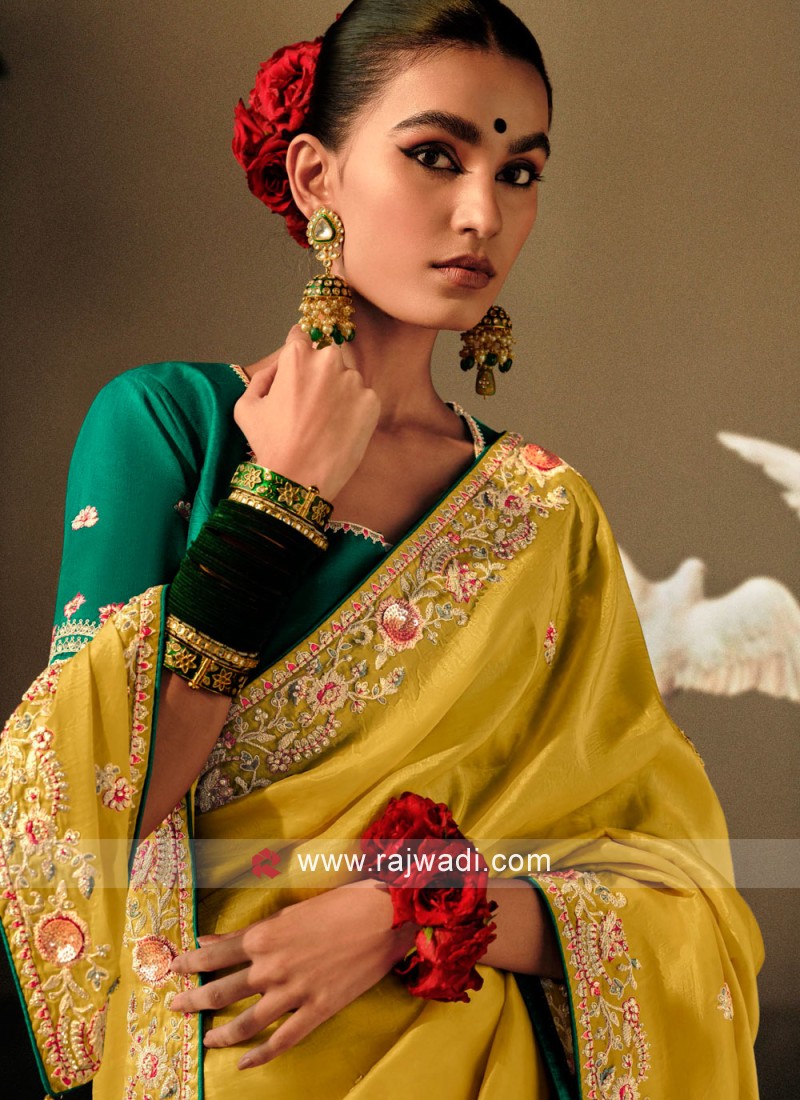 Buy HOUSE OF BEGUM Lemon Yellow Soft Silk Woven Wedding Saree with  Unstitched Blouse online