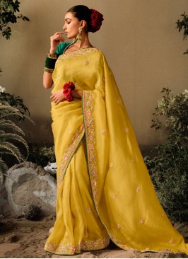 Lemon Yellow Embroidered Saree In Art Silk