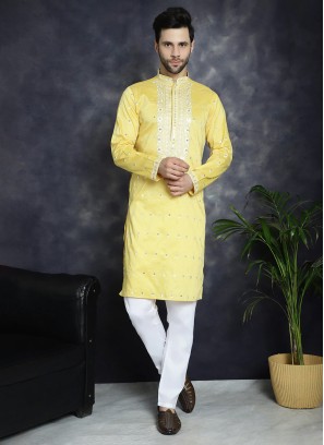 Yellow Thread Embroidered Kurta Pajama In Cotton Silk