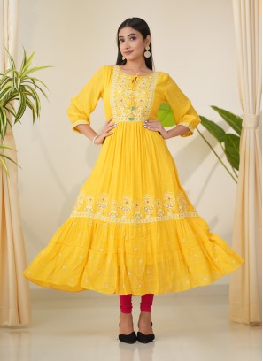 Yellow A-Line Soft Cotton Kurti With Thread Embroidery