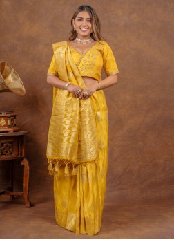 Yellow Weaving Work Tissue Silk Saree