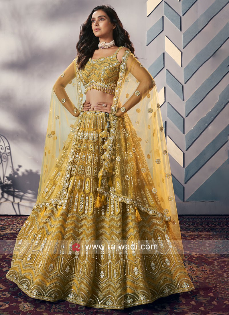 Yellow Thread Embroidered Lehenga Choli Dupatta Custom Stiched Readymade Chikan outlet Lengha Wedding wear Designer wear Bridal Lehenga Indian suit