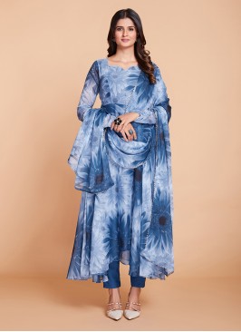 Blue Floral Printed Organza Pant-Style Anarkali Suit