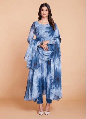 Blue Floral Printed Organza Pant-Style Anarkali Suit