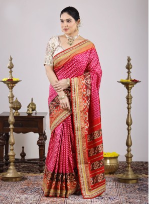 Zig Zag Printed Pure Silk Saree With Patola Weaving Work