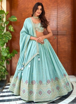 Aqua Blue Embroidered Lehenga Choli Set For Weddin