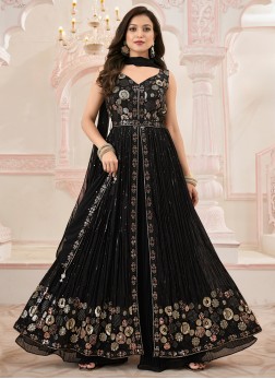 Black Embroidered Anarkali Palazzo Suit With Dupat