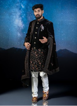 Black Velvet Indowestern Set With Dupatta