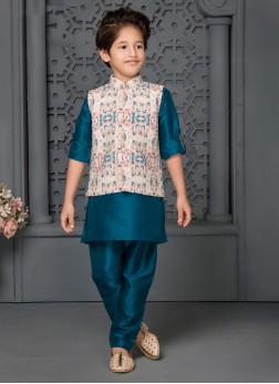 Blue Color Nehru Jacket In Cotton Silk For Wedding