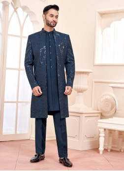 Blue Embroidered Silk Jacket Style Indowestern Set