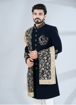 Blue Silk Indowestern Set With Dupatta