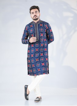 Blue Thread Embroidered Cotton Silk Kurta Pajama S