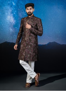 Brown Silk Embroidered Indowestern Set