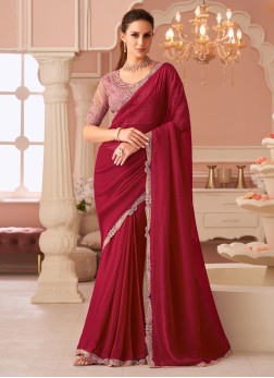 Cherry Red Georgette Embroidered Saree