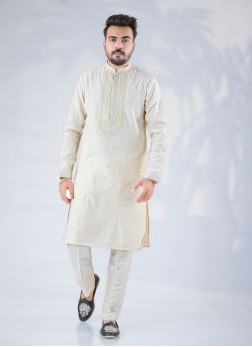 Cream Embroidered Silk Kurta Pajama For Men