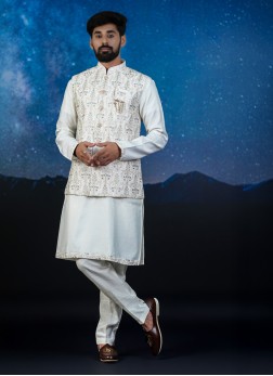 Cream Embroidered Silk Nehru Jacket Set