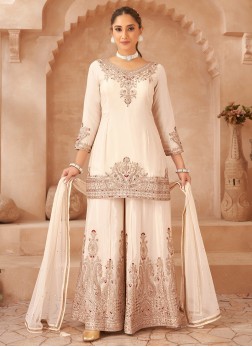 Cream Silk Embroidered Palazzo Set With Dupatta