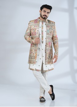Cream Silk Indowestern Set With Embroidered Jacket