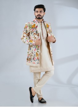 Cream Silk Indowestern Set With Jacket