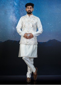 Cream Thread Embroidered Silk Nehru Jacket Set