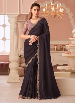 Dark Purple Georgette Embroidered Saree