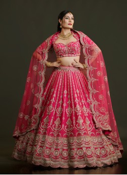 Deep Pink Hand Embroidered Raw Silk Lehenga Choli 