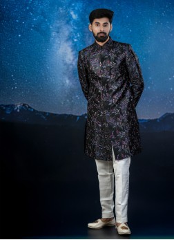 Black Embroidered Silk Indowestern Set