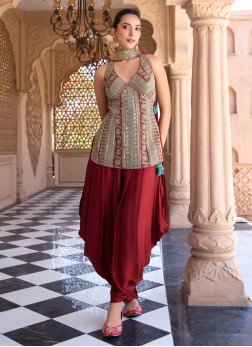 Designer Embroidered Maroon Dhoti Suit With Dupatt