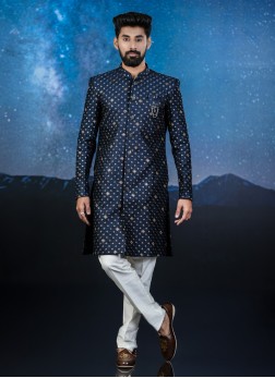 Navy Blue Silk Indowestern Set