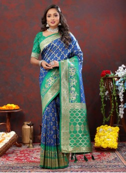 Elegant Blue And Sea Green Silk Festive Wear Saree