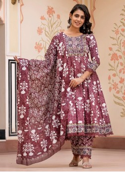 Elegant Light Brown Floral Printed Kurti Pant Set