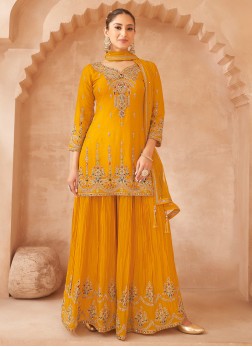 Elegant Mustard Yellow Color Crepe Silk Embroidere