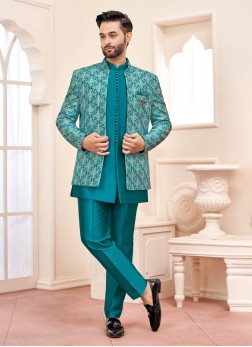 Elegant Sea Green Embroidered Indowestern Set For 