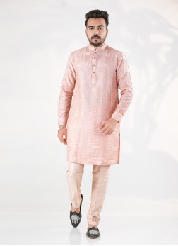 Embroidered Peach Silk Kurta Pajama For Men