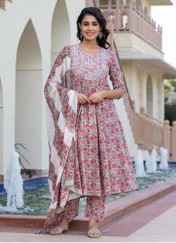 Festive Wear Light Grey Printed Cotton Kurti Set