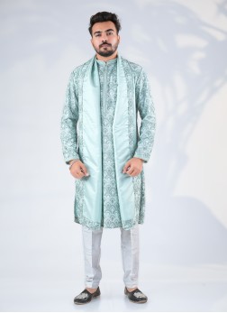 Festive Wear Sea Green Embroidered Kurta Pajama