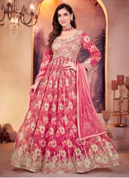 Festive Wear Silk Pink Anarkali With Dupatta
