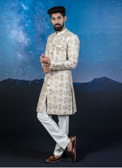 Beige Embroidered Silk Indowestern Set