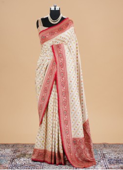 Cream And Red Woven Khadi Silk Saree