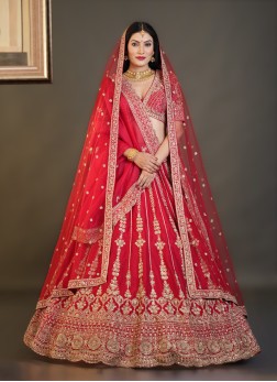 Gorgeous Red Heavy Embroidered Raw Silk Lehenga Ch