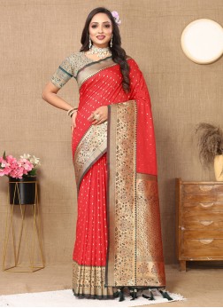 Gorgeous Red Woven Silk Festive Saree