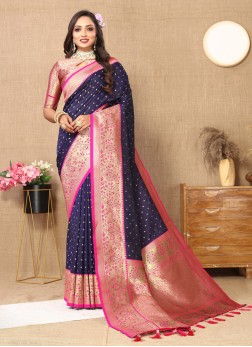 Graceful Dark Navy Blue Silk Designer Saree