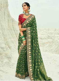 Green Embroidered Chiffon Banarsi Saree